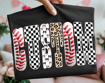 Custom Baseball Team Name: Personalized School Spirit Sublimation, Editable Team Shirt PNG, Checkered Star Leopard Letters, Custom Baseball