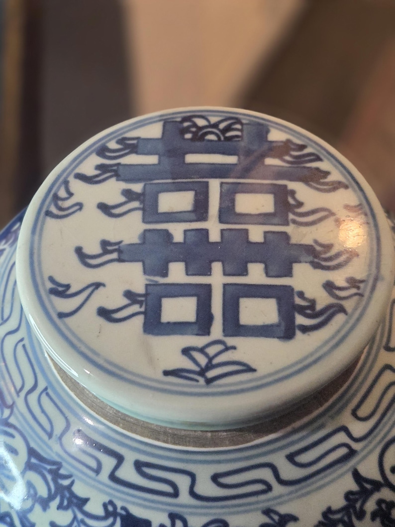 Kinesisk Chinoiserie-glass med dubbel lycka från 1800-talet, ingefärsburk med lock, 23 cm, bröllopspresent bild 6