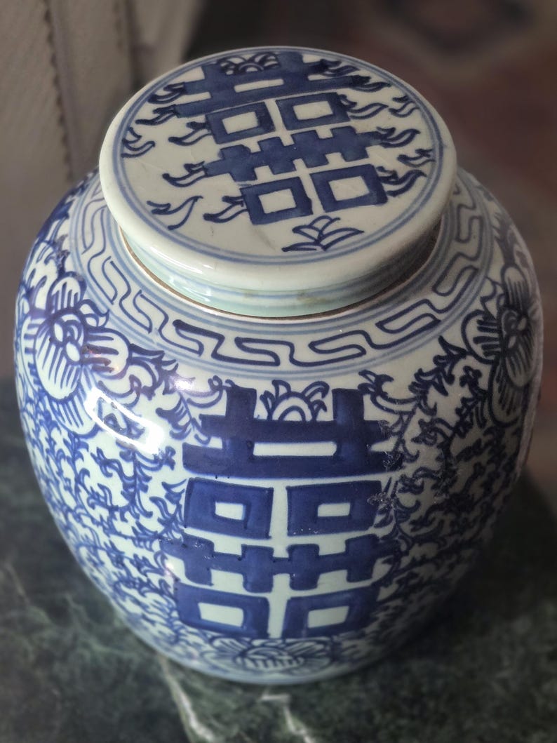 Kinesisk Chinoiserie-glass med dubbel lycka från 1800-talet, ingefärsburk med lock, 23 cm, bröllopspresent bild 14