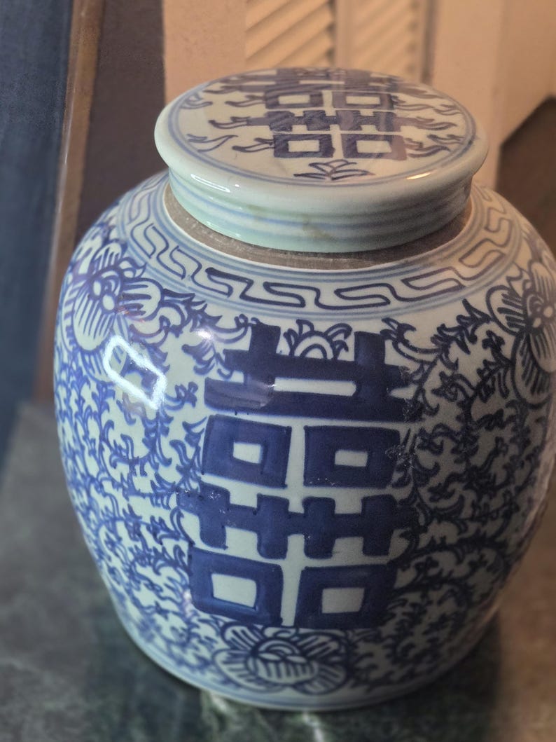 Kinesisk Chinoiserie-glass med dubbel lycka från 1800-talet, ingefärsburk med lock, 23 cm, bröllopspresent bild 2