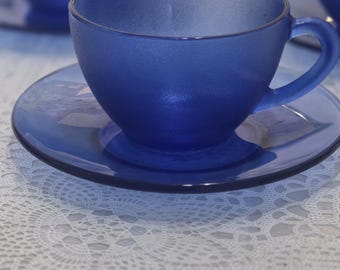 Cobalt blue frosted glass tea cup and Saucer - Set Of 3 Price - Made in Brazil.