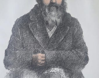 Judaica, Art Work Lithograph of a Bearded Man Tevya. Size 31 x 27 In.