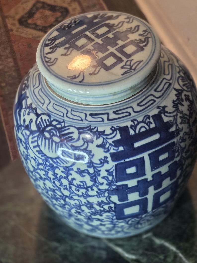 Kinesisk Chinoiserie-glass med dubbel lycka från 1800-talet, ingefärsburk med lock, 23 cm, bröllopspresent bild 10