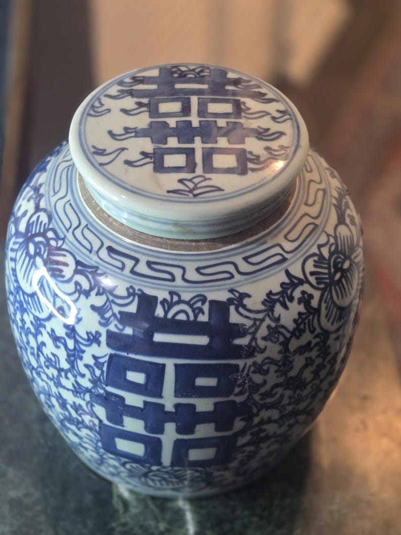 Kinesisk Chinoiserie-glass med dubbel lycka från 1800-talet, ingefärsburk med lock, 23 cm, bröllopspresent bild 3