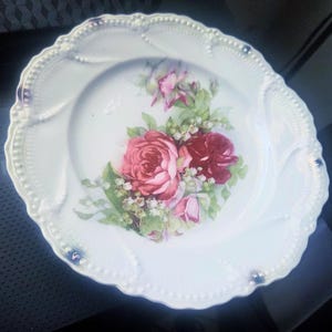 Può includere: Piatto in porcellana bianca con bordo smerlato e disegno floreale. Il piatto presenta una disposizione centrale di rose rosse e rosa con foglie verdi e piccoli fiori bianchi. Il bordo ha un motivo a perline con piccoli accenti blu.