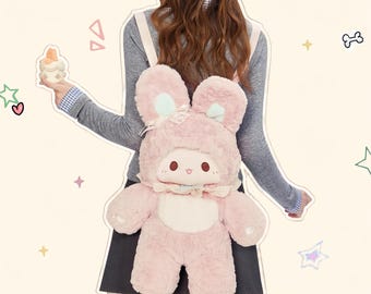 Kawaii Różowy Pluszowy Plecak Króliczek – Miękka, Futrzana Torba ze Słodkim Zwierzątkiem, Torba na Ramię w Stylu Lolita Harajuku, Uroczy Prezent dla Dziewczynek i Nastolatek