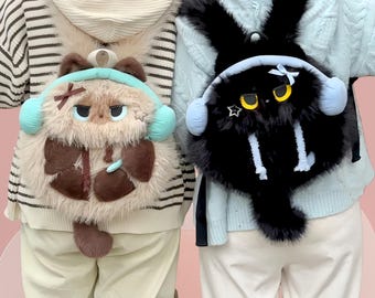 Mochila de peluche kawaii para niñas, adorable mochila con orejeras de gato y conejo, suave y esponjosa, ideal como regalo.