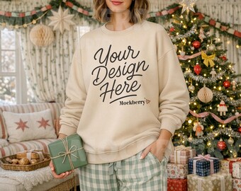 Christmas Sweatshirt Mockup – Gildan 18000 Sand Crewneck Front | Cottage Core | Cozy Holiday Aesthetic | JPEG File | Digital Download
