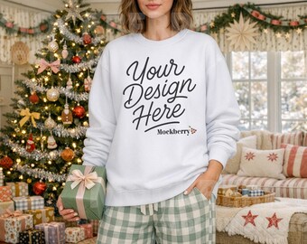 Christmas Sweatshirt Mockup – Gildan 18000 White Crewneck Front | Cottage Core | Cozy, Trendy, Colourful Aesthetic | JPEG | Digital Download