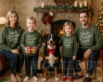 May include: A family of four and a dog wearing matching green sweatshirts and plaid pajama pants. The sweatshirts have the text "Your Design Here". The dog has a red bow tie. A Christmas tree and fireplace are in the background.