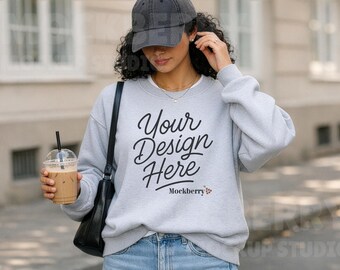 Sweatshirt Mockup – Gildan 18000 Ash Crewneck Front | Outdoor | Lifestyle Mockup | City Street | High-Res JPEG | Digital Download