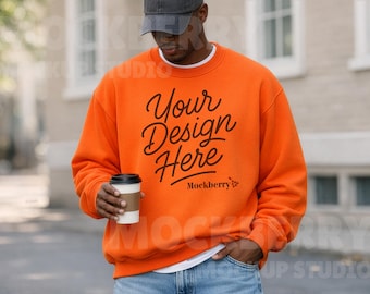 Sweatshirt Mockup – Gildan 18000 Orange Crewneck Front | Male Model | Lifestyle Mockup | Urban City Street | JPEG File | Digital Download