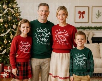 May include: A family of four wearing matching sweatshirts with the text "Your Design Here" in white script. The sweatshirts are red and green. The girl wears a plaid skirt. A Christmas tree and gifts are in the background.