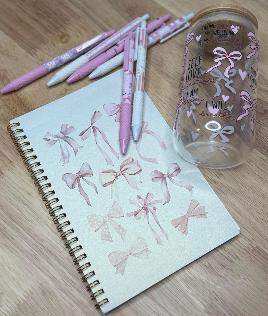 Self Love Glass Cup With Bamboo Lid & Straw, Pink Bow Design ( FREE ...