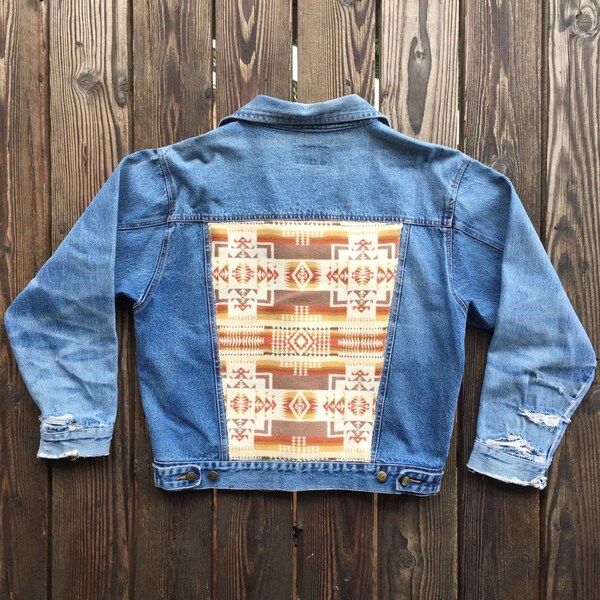 Vintage Distressed Denim Jacket with Neutral Pendleton Wool Back, Size Women's Large/Men's Medium