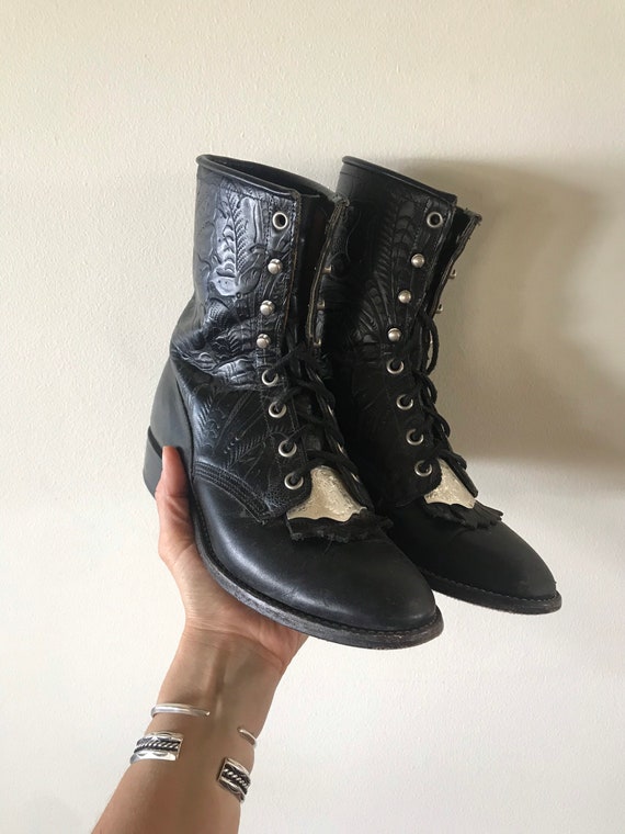 Rare Black Leather Tooled Lace-Up Boots size 7.5