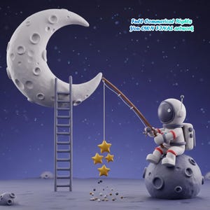 May include: A whimsical illustration depicts an astronaut fishing for golden stars from a crescent moon. A ladder leans against the moon, and the scene is set against a starry, dark blue sky. The artwork is a 3D rendering.
