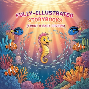 May include: A vibrant illustration of an underwater scene with the text "FULLY-ILLUSTRATED STORYBOOKS (FRONT & BACK COVERS)". The image features a yellow seahorse, clownfish, blue tangs, and an octopus, surrounded by coral and small fish.
