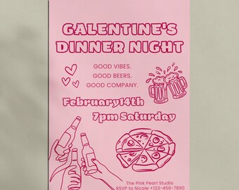 Sip and Slice Party Invitation | Galentine’s Dinner Night Editable Canva Template | Pink Girls Night Pizza Design | Valentine Invite