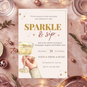 Op de afbeelding: Een feestelijke uitnodiging met de woorden "SPARKLE & sip" in gouden letters. De uitnodiging bevat de datum, tijd en locatie van een vakantie-evenement. Het ontwerp toont een aquarel illustratie van een champagneglas en decoratieve sterren.