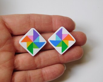 rainbow double pinwheel quilt block stud earrings