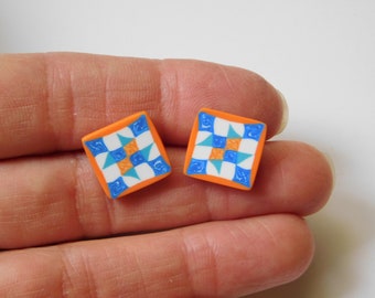 blue and orange quilt block stud earrings