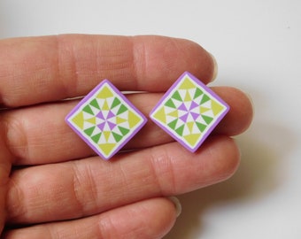 green and purple quilt block stud earrings