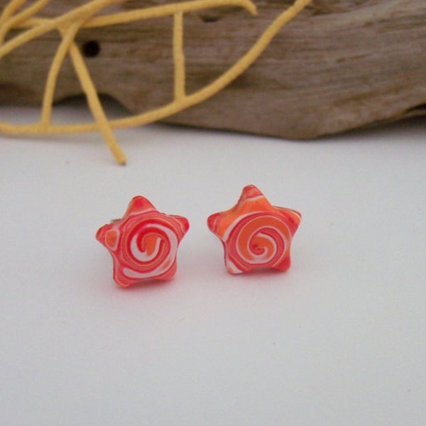 Tiny Star shaped Stud Earrings, polymer clay earrings, orange starfish, 11 mm