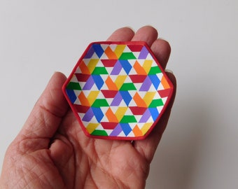 Small hexagon shaped ring dish, rainbow geometric design