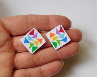 rainbow flying geese quilt block stud earrings