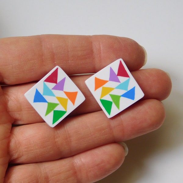 rainbow flying geese quilt block stud earrings