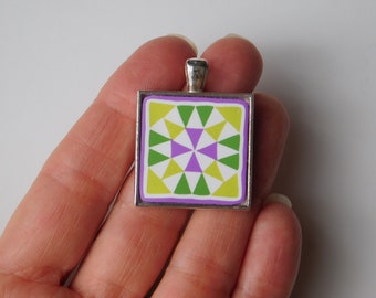 quilt block pendant, green and purple kaleidoscope