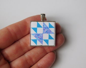quilt block pendant, turquoise and purple Old Maids Puzzle