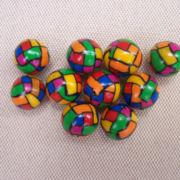 Mosaic multi-colored round polymer clay beads, 12 mm