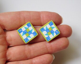 blue and green quilt block stud earrings