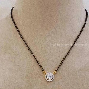 Mangalsutra em prata de lei, diamante CZ, colar de noiva com contas pretas