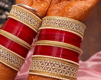 Rotes Punjabi Choora Set - indische Brauthochzeits-Armreifen mit Kundan | Braut Chura Armreifen Set - Traditionelle Punjabi Hochzeit Chooda für die Braut