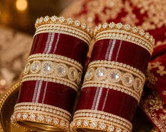 Conjunto Chuda nupcial granate/ Chura de boda Punjabi / Brazaletes nupciales indios / Kaleera choora tradicional