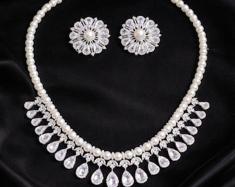 CZ Diamond Choker Necklace Set: Silver AD Brass, Wedding Jewelry
