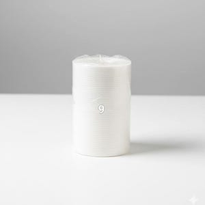 K&ouml;nnte beinhalten: Ein Stapel wei&szlig;er, runder Pappteller, verpackt in durchsichtigem Kunststoff. Die Zahl "9" ist auf die Vorderseite des Stapels gedruckt. Die Teller sind ordentlich gestapelt, vor wei&szlig;em Hintergrund.