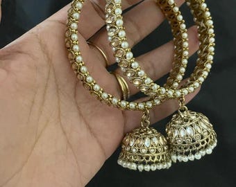 Gold Jhumka Bangle Set with Pearls | Kundan Bangles | Indian Wedding Jewelry |Bridal Bangles | Punjabi Jewelry | Traditional Indian Bangles
