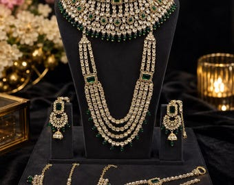 Emerald Green Kundan Bridal Jewelry Set, Pakistani Bridal Necklace Set, Indian Wedding Jewelry, Polki Choker & Long Haar Set with Earrings