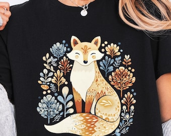 Folk Art Fox Shirt, Cottagecore Woodland Animal Illustration