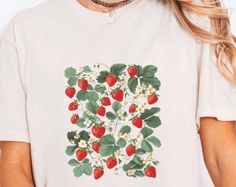 Erdbeerblümchen-Shirt - Cottagecore Erdbeer-T-Shirt, Vintage Botanischer Garten-T-Shirt