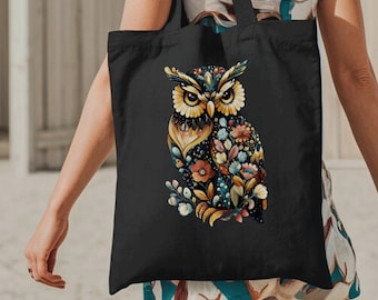 Floral Owl Tote Bag, Cottagecore Folk Art