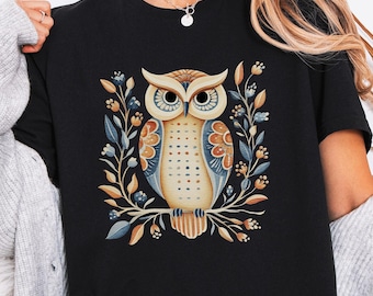 Koszulka z sową w stylu folk art, ilustracja leśnego ptaka Cottagecore