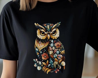 Floral Owl T-Shirt, Cottagecore Owl Shirt, Folk Art, Woodland Animal