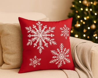 Red Pillow with snowflakes I Spun polyester square pillow | Christmas decor