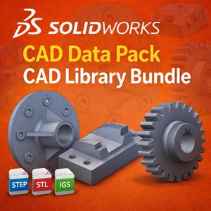 May include: An orange background with the SolidWorks logo and text reading "CAD Data Pack CAD Library Bundle." The image features 3D CAD models of mechanical parts, including a gear, a hub, and a rectangular block. Icons for STEP, STL, and IGS file formats are also present.