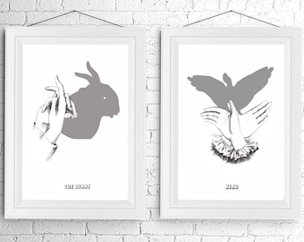 Shadow Puppet Rabbit and Bird Set Vintage Style Art Print Black and White Gray Nursery Bunny Hare